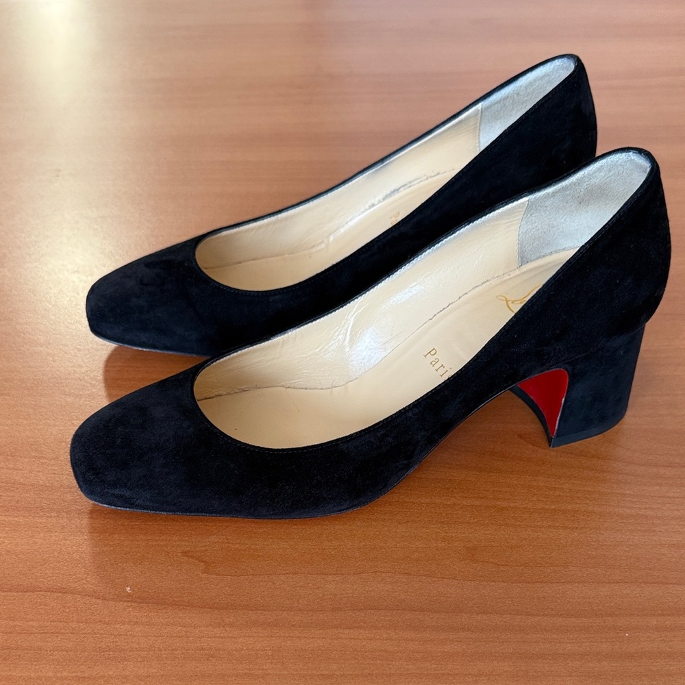 Christian Louboutin Black Suede Mid Block Heel Pumps